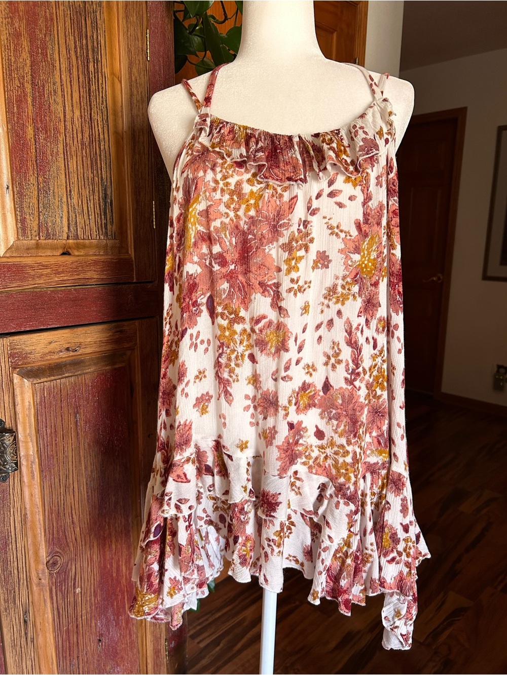 Free People One Floral High-Low Spaghetti Strap Dress in Rose & Mustard